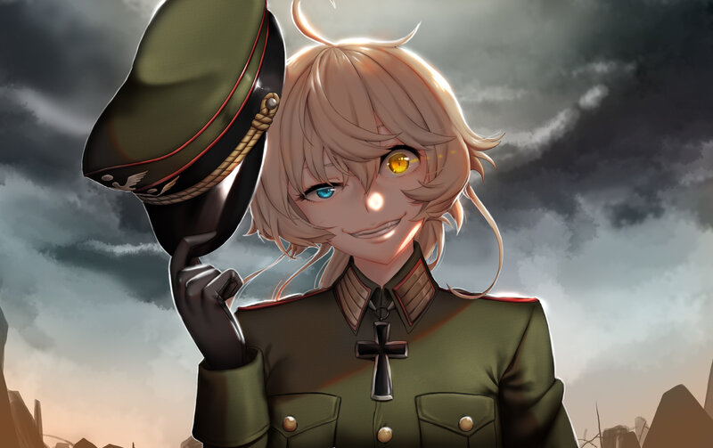 Anime Character in Uniform — Green, Dramatic, Sunset