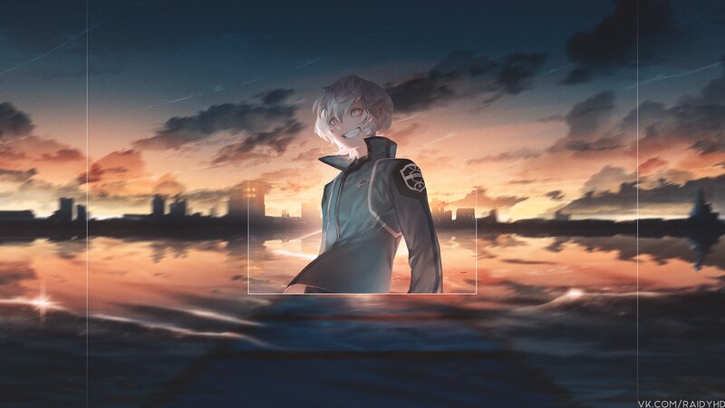 Anime Character in Uniform — Orange, Dramatic, Sunset, Digital Art