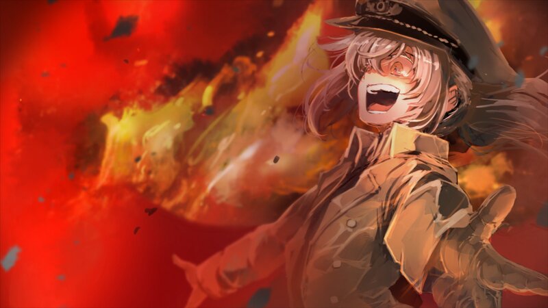 Anime Character in Uniform — Red, Dramatic, Digital Art, Fire