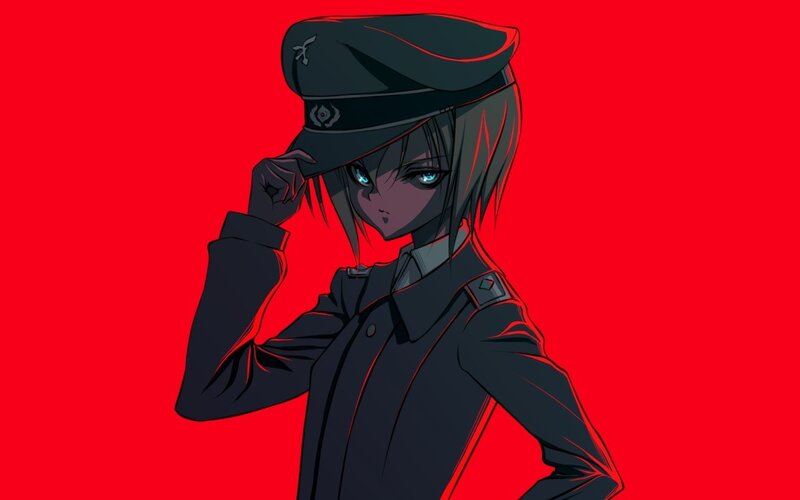 Anime Character in Uniform — Red, Dramatic, Hat, Blue Eyes