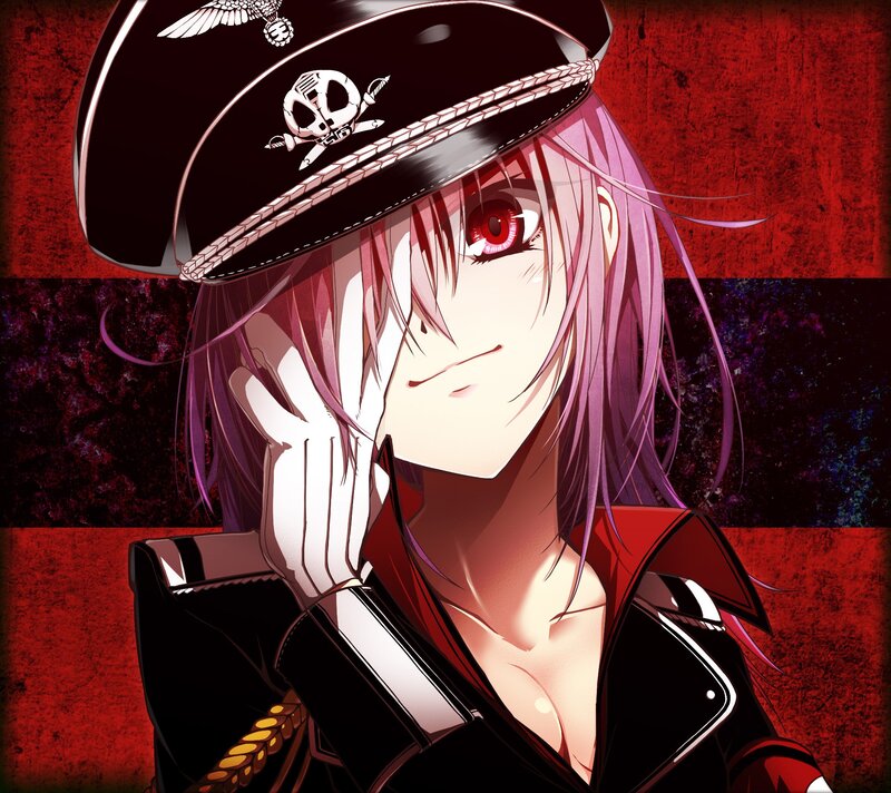 Anime Character in Uniform — Red, Dramatic, Skull Emblem, Military Hat