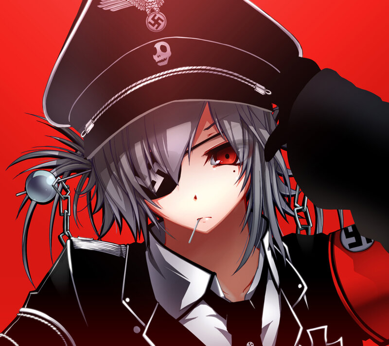 Anime Character in Uniform — Red, Dramatic, Skull Emblem