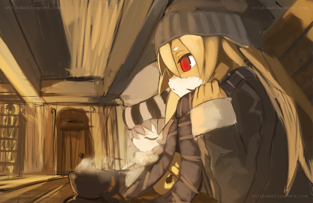 anime character in warm room