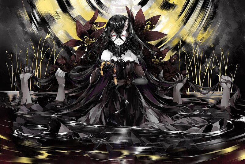 Anime Character in Water — Black, Dramatic, Night, Digital Art