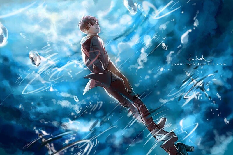 Anime Character in Water — Blue, Dramatic, Digital Art