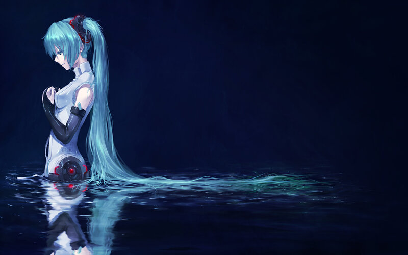 Anime Character in Water — Blue, Dramatic, Night, Digital Art, Long Hair, Robotic Arm