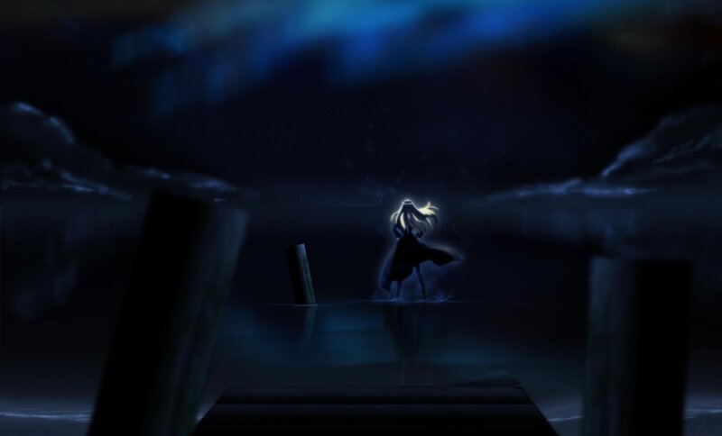 Anime Character in Water — Blue, Dramatic, Night, Digital Art