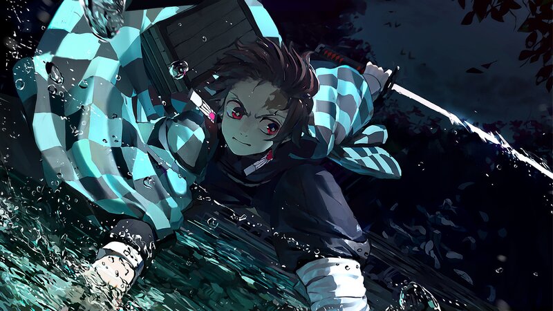 Anime Character in Water — Blue, Dramatic, Night, Sword