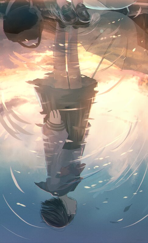 Anime Character in Water — Blue, Dramatic, Sunset