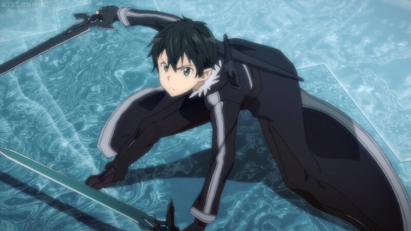 Anime Character in Water — Blue, Dramatic, Sword