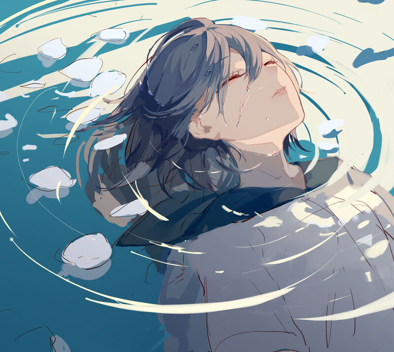 Anime Character in Water — Blue, Serene, Digital Art, Hair