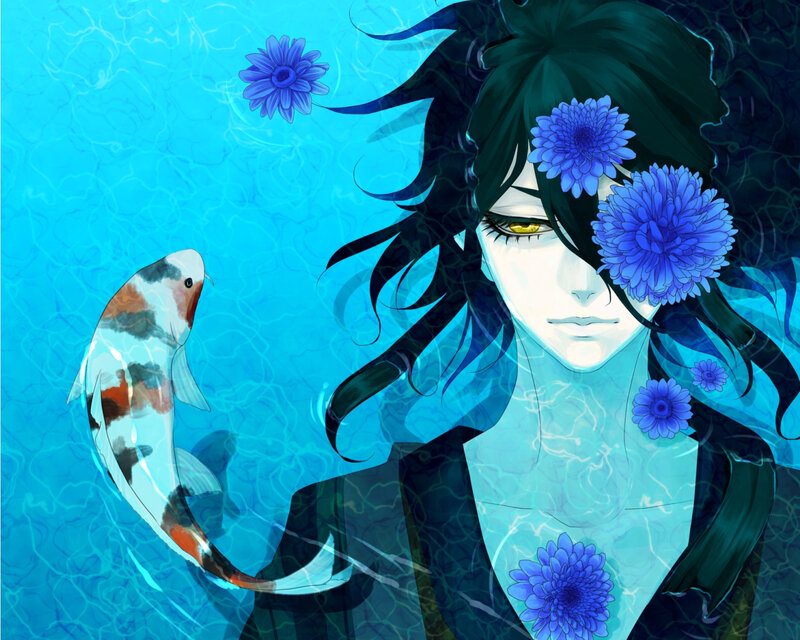 Anime Character in Water — Blue, Serene, Digital Art, Koi Fish, Blue Flowers