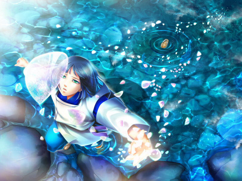 Anime Character in Water — Blue, Serene, Digital Art
