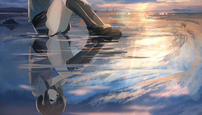 Anime Character in Water — Blue, Serene, Sunset