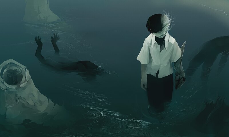 Anime Character in Water — Green, Dark, Dramatic