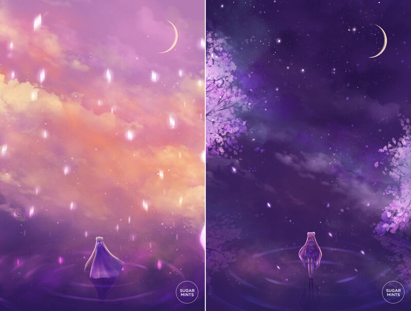 Anime Character in Water — Purple, Serene, Night