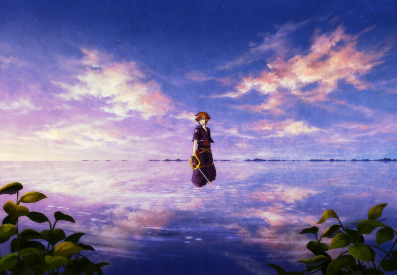Anime Character in Water — Purple, Serene, Sunset
