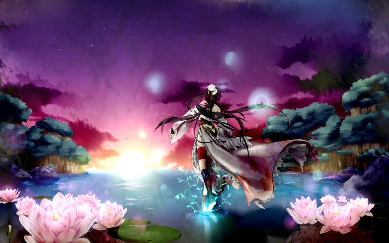 Anime Character in Water — Purple, Serene