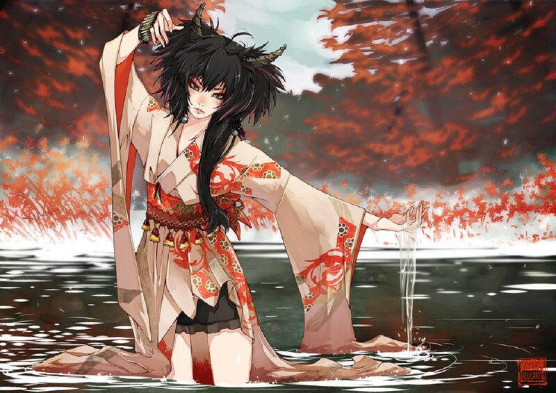 Anime Character in Water — Red, Dramatic
