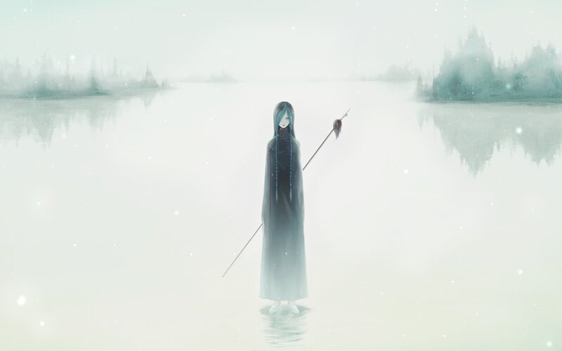 Anime Character in Water — White, Serene, Winter
