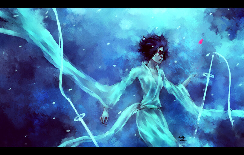 Anime Character in White Robe — Blue, Dramatic, Night, Digital Art, Sword