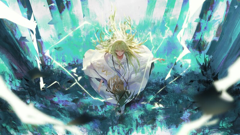 Anime Character in White Robe — Dramatic, Digital Art, Lightning