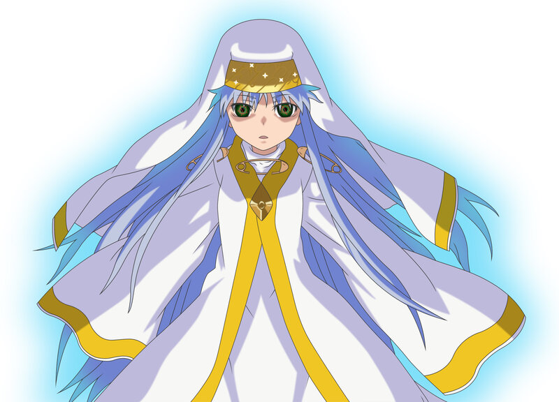 Anime Character in White Robe — Serene, Long Hair, Green Eyes