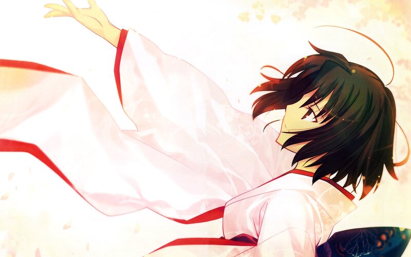 Anime Character in White Robe — Serene, Spring, Cherry Blossoms