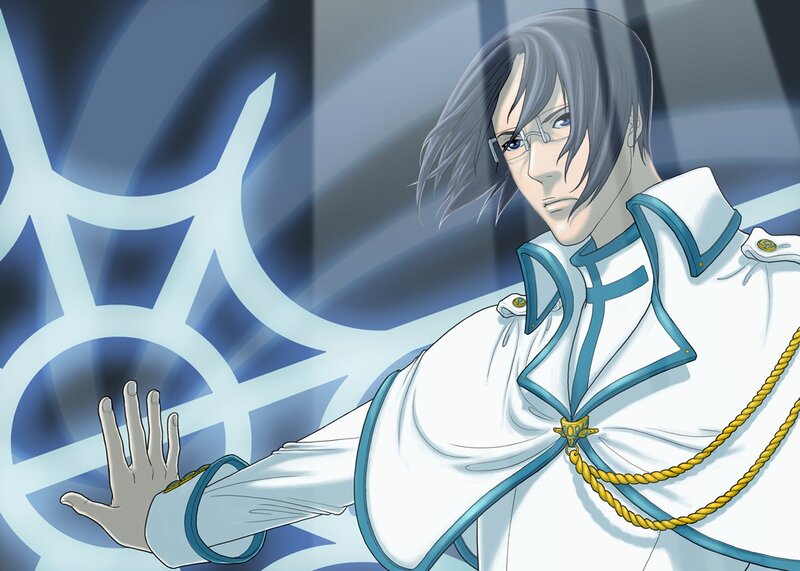 Anime Character in White Uniform — Dramatic, Glasses