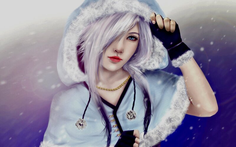 Anime Character in Winter Coat — White
