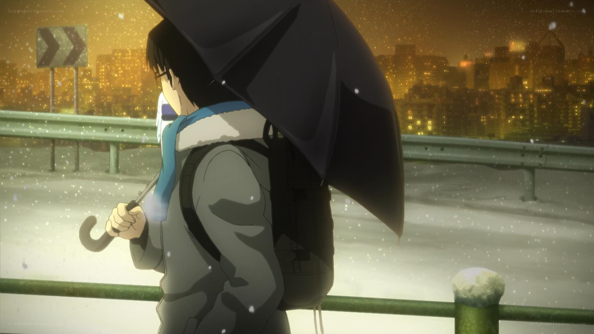 anime character in winter rain
