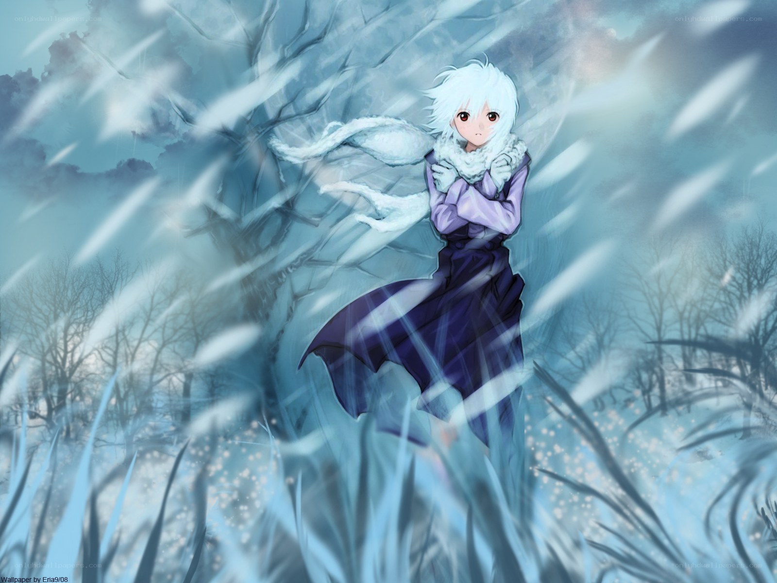 Anime character in winter storm