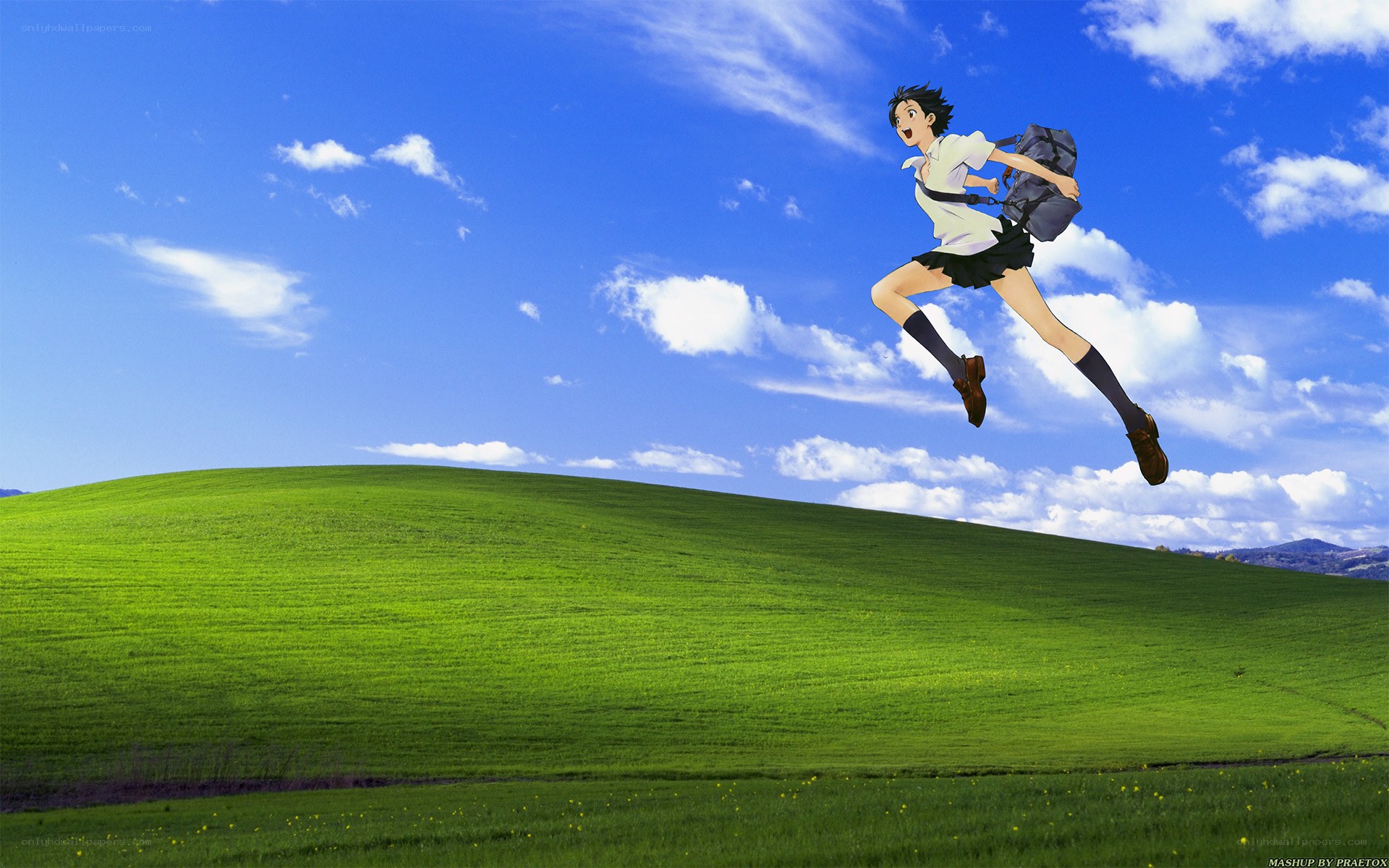 anime character jumping on a hill