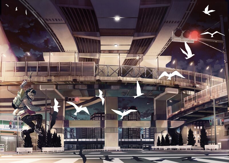 Anime Character Jumping — Purple, Dramatic, Night, Digital Art, Birds, Overpass, Cityscape, Traffic Light