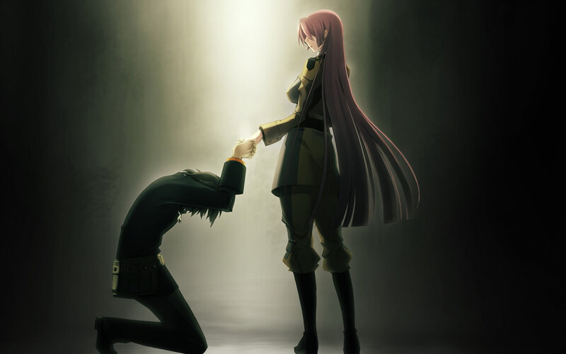 Anime Character Kneeling — Black, Dramatic