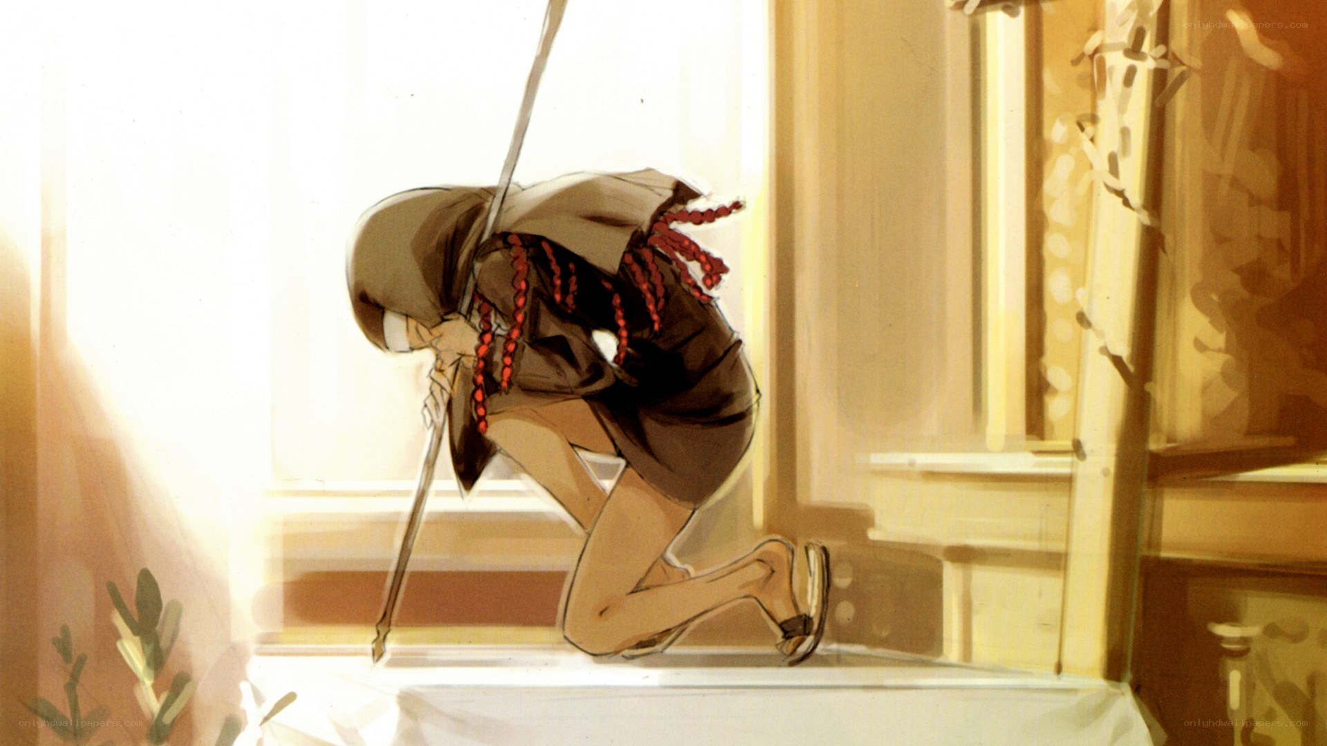 anime character kneeling in sunlight