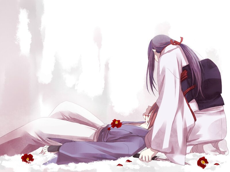 Anime Character Kneeling — White, Dramatic, Winter