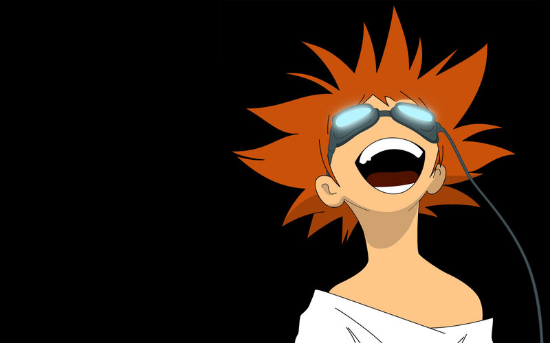 Anime Character Laughing — Black, Joyful, Goggles