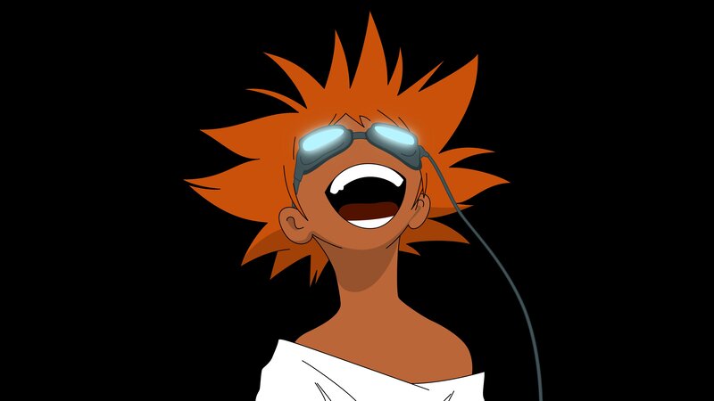 Anime Character Laughing — Orange, Joyful, Sunglasses, Spiky Hair