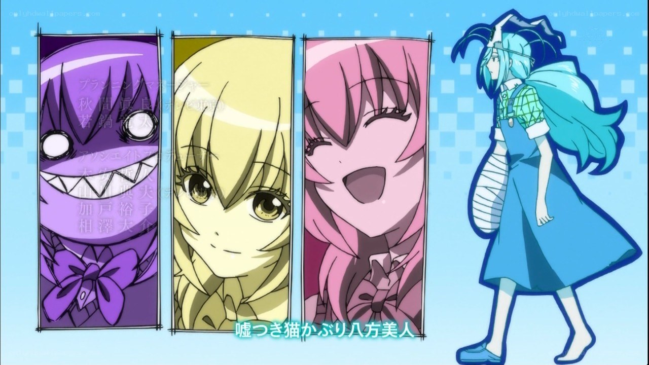 anime character lineup with credits