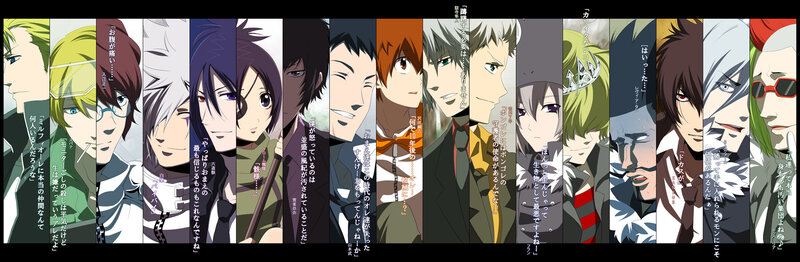 Anime character lineup with dialogue