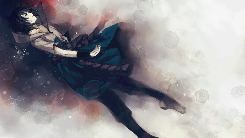 Anime Character Lying Down — Black, Dramatic, Digital Art, Hexagonal Patterns