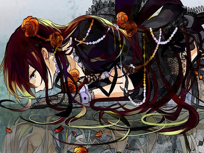 Anime Character Lying Down — Black, Dramatic, Manga, Flowers