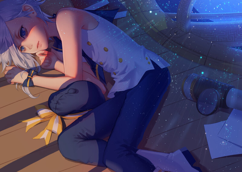 Anime Character Lying Down — Blue, Calm, Night