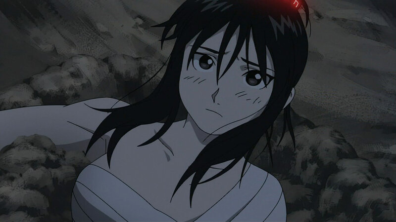 Anime Character Lying Down — Gray, Dramatic, Rocks