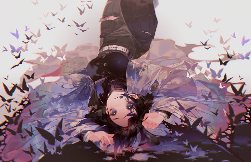 Anime Character Lying Down — Purple, Dramatic, Digital Art, Butterflies