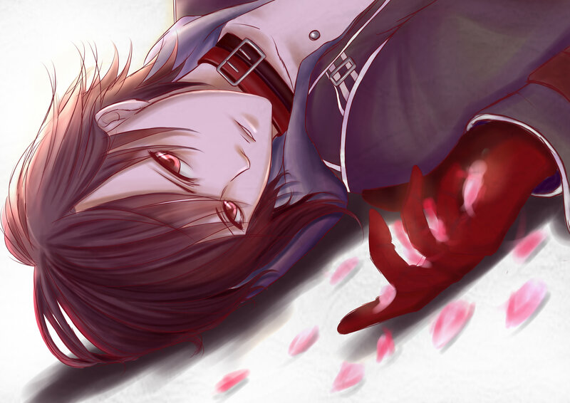 Anime Character Lying Down — Purple, Dramatic, Digital Art, Red Eyes