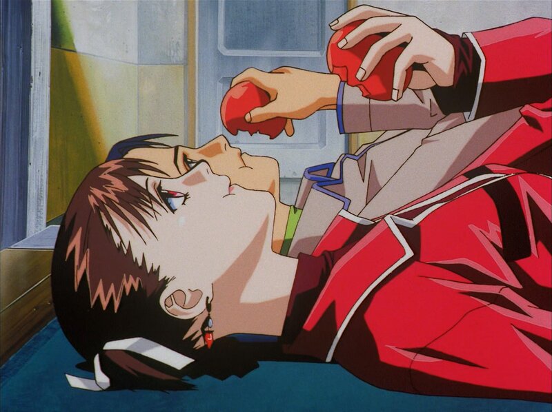 Anime Character Lying Down — Red, Dramatic, Apple