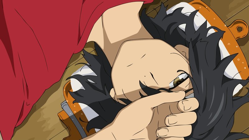 Anime Character Lying Down — Red, Dramatic, Hand