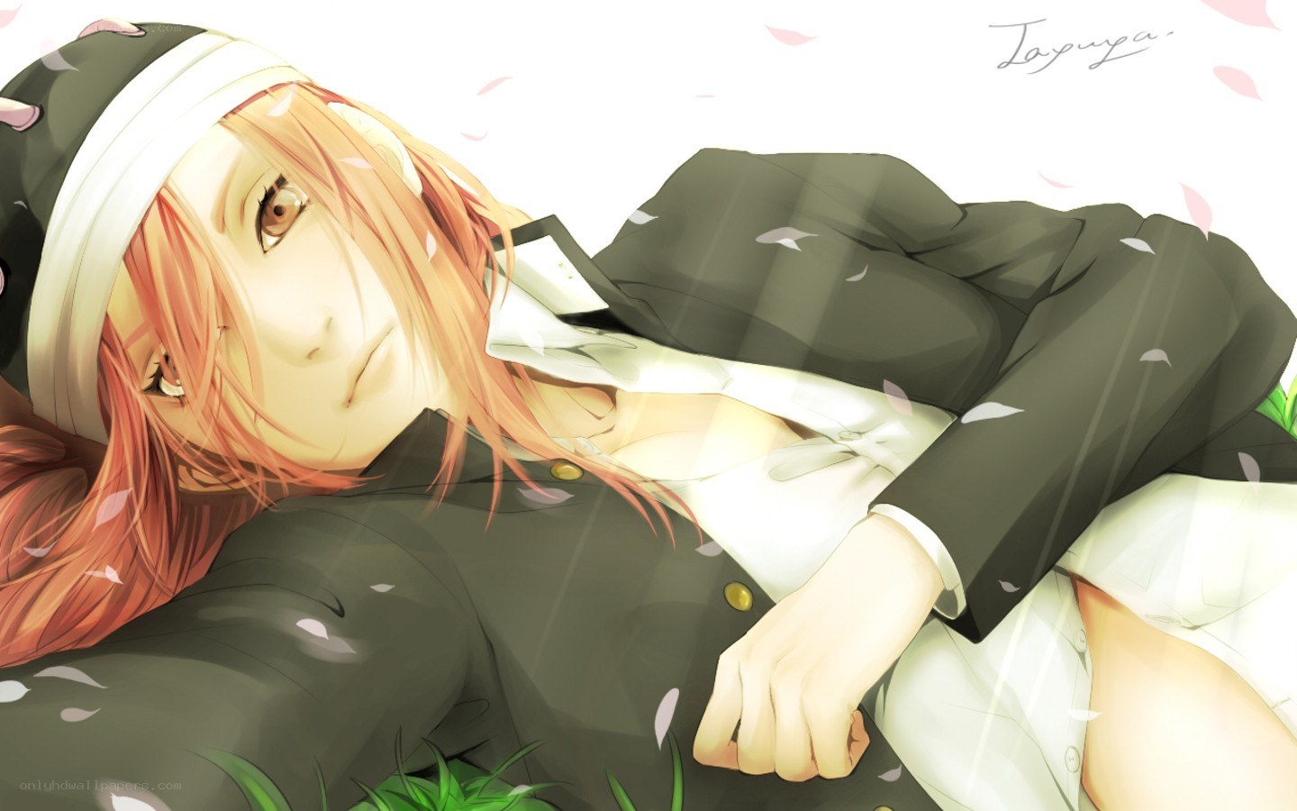 Anime character lying in grass